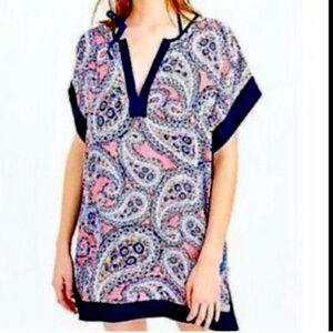 EUC J Crew red white blue yellow large paisley pattern oversize tunic swim cover